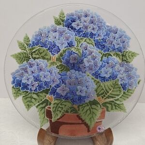 Vintage Peggy Karr Fused Art Glass 11" Round Plate Blue Hydrangea Flowers